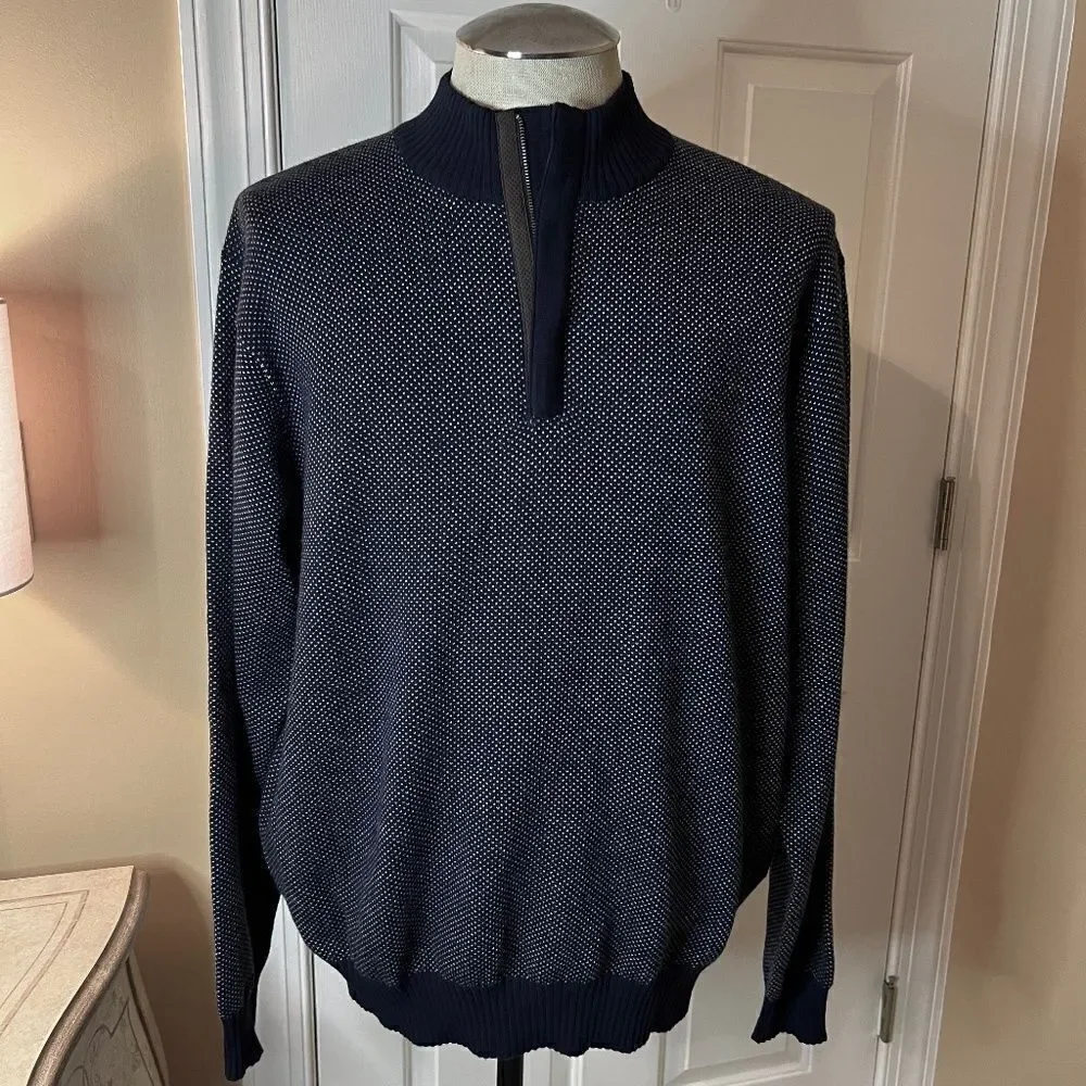 $278 NWOT Men's Peter Millar Jacquard Wool Quarter Zip Sweater Navy Dot Size XL - Picture 1 of 7